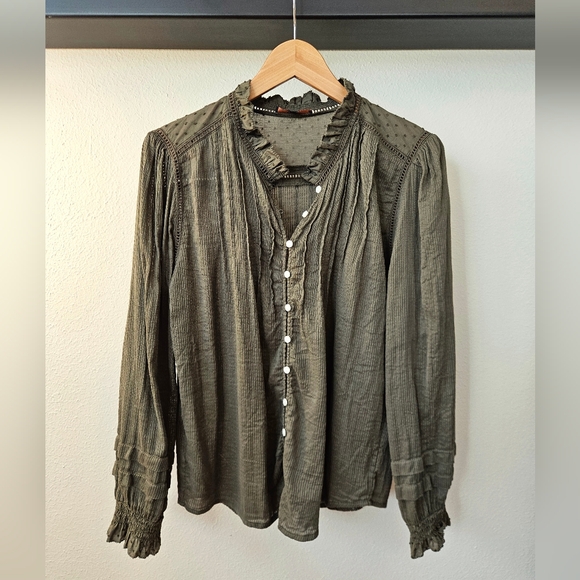 Quince Tops - Quince Organic Textured Cotton Peasant Blouse, Olive Green